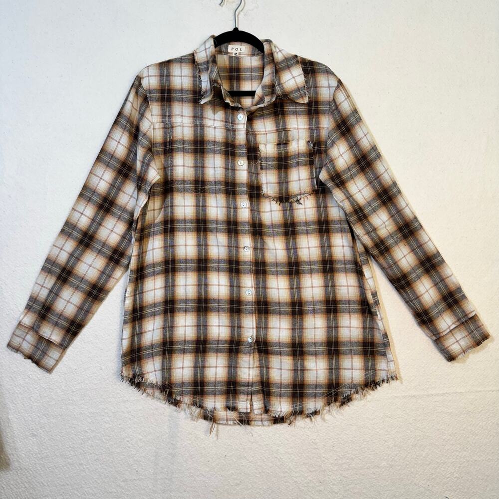 POL Oversized Long Sleeve Cream Brown Plaid Distressed Flannel Button-Up Medium